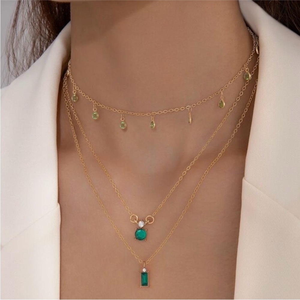 ⚠️Clearance Gold Layered Necklace Set with Green Gem Accents